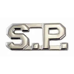 Metallic rank insignia denoting Specialist (S.P.), suitable for military or uniformed service dress. Measures 1/2 inch, silver finish, metal construction with clutch pin attachment for secure fastening to fabric. Sold as a single piece.