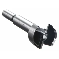 This carbon steel Forstner drill bit features a straight shank with a 3/8 in diameter and an overall length of 4 in. It is designed for cutting clean, flat-bottomed holes in wood, plywood, and composites. Commonly used in cabinetmaking, furniture building, and joinery applications.