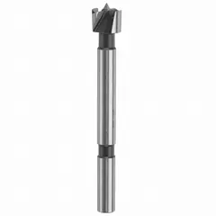 This carbon steel Forstner drill bit features a straight shank with 3/8 in diameter and 4 in overall length. Designed for drilling clean, flat-bottomed holes in wood, plywood, and composite materials. Commonly used in cabinetmaking, furniture building, and joinery applications.