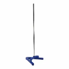 Steel lab support stand with integrated rod. Rod diameter 1/2 in, rod length 23-5/8 in. A-shaped base measures 9 in overall length by 8 in overall width. Used to hold clamps, burettes, and other apparatus in laboratory settings requiring stable vertical support.
