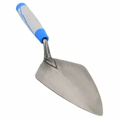 London brick trowel with a carbon steel blade in London shape, 4-3/4 in width, straight edge, and flexible profile. Rubberized ProForm handle reduces fatigue. Used for laying bricks and spreading mortar in masonry work.