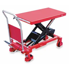 Manual scissor-lift table with a steel platform measuring 40 inches long by 20 inches wide. Maximum lifting height is 39 inches. Used in material handling to raise loads to a comfortable working height for assembly, order picking, or machine feeding.
