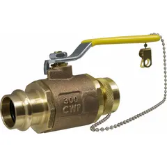 This APOLLO bronze ball valve features a full-port, two-piece tee design rated for 300 psig maximum pressure (CWP). It includes a dust cap and chain for valve position indication. Suitable for industrial plumbing, HVAC, and process systems requiring reliable shut-off and flow control.