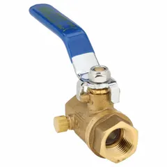 This brass ball valve features a straight body with FNPT x FNPT connections and a full port ball port for minimal flow restriction. The lever handle provides manual on/off or redirecting control, and the integrated drain allows for system maintenance. Suitable for water, oil, and gas applications in industrial piping systems.