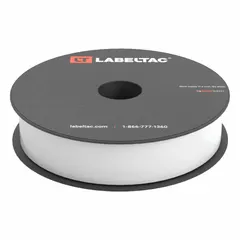 Thermal transfer continuous label roll for use with LabelTac 4 Pro printers. White gloss vinyl material rated for indoor and outdoor applications. Suitable for asset identification, safety signage, and pipe marking in industrial environments.