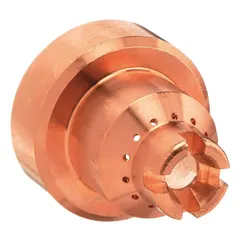 This shield cap is designed for handheld Hypertherm plasma torches of the T60/60M series. It protects the nozzle and electrode during cutting and directs the plasma arc while shielding the operator from spatter. Rated for 80 A, it is used in metal fabrication and repair applications.
