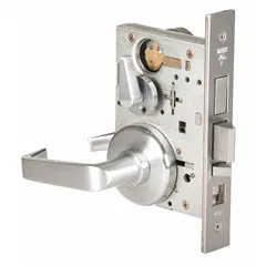 This BEST office lever lockset features a chrome finish and is ADA compliant for accessibility. It includes an interchangeable core for flexible key control and a 45H rose trim with F20 function. Suitable for commercial interior doors in offices, schools, and healthcare facilities.