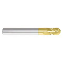 This double-end carbide ball end mill features a TiN coating and 4 flutes, with a 1/2" mill diameter and 5/8" length of cut. It is used for contouring, slotting, and profiling in mold and die work, aerospace, and general machining, providing smooth curved surfaces and extended tool life.