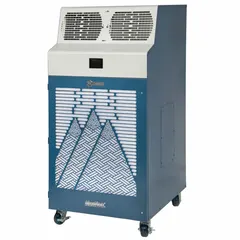 This heavy-duty portable air conditioner provides 120,000 BtuH of cooling capacity for indoor spaces. It operates on 230V AC and includes an air filter. Suitable for large areas such as warehouses, factories, and event halls.