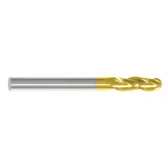 This general purpose carbide ball end mill features a titanium nitride (TiN) coating for reduced friction and heat. With 3 flutes, a 1" mill diameter, 1-1/2" length of cut, and 4" overall length, it is suited for contouring, slotting, and profiling in mold and die work and general machining applications.