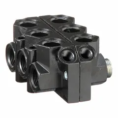 End plate kit for Aventics 581 series pneumatic valve systems. Includes left and right female end plates to seal and terminate the manifold. Used in industrial automation, packaging, and material handling applications for reliable air distribution.
