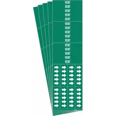 This adhesive pipe marker identifies vent lines in piping systems. It features a green background with white legend text reading 'Vent' and includes directional arrows. Designed for pipes with an outside diameter of 3/4 inch or smaller, each pack contains 3 markers, sold in a 5-pack quantity.