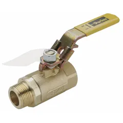 This brass ball valve features a straight body with 3/8 in male NPT by female NPT connections and a full port ball port for minimal pressure drop. The lever handle provides manual on/off flow control. Suitable for use in water, oil, and gas piping systems requiring a threaded full-port valve.