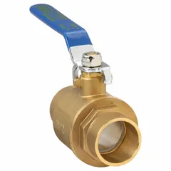 This brass ball valve features a straight body pattern with sweat x sweat end connections for copper-tube installation. The two-piece construction and lever handle enable quarter-turn on/off flow control. Suitable for plumbing and HVAC systems requiring reliable shut-off service.