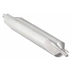 This plain-tip center drill is double-ended for extended tool life. It features a #3 size, 90° point angle, and 2-inch overall length. Made from carbide, it is used to create conical starting holes for lathe turning or grinding operations on workpieces.