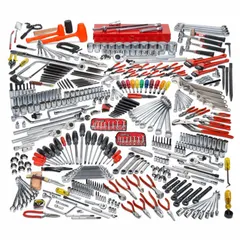 This 453-piece tool-only set includes socket bits, open end wrenches, retaining-ring pliers, and screw starters in SAE sizing. Socket drive sizes are 1/4 in, 3/8 in, 1/2 in, and 3/4 in. Suitable for industrial maintenance, repair, and assembly tasks.