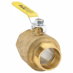 This brass ball valve features a straight body with male iron pipe by female iron pipe connections and a full port ball port for minimal pressure drop. The lever handle provides manual two-way flow control. Suitable for use in water, oil, and gas lines in industrial piping systems.
