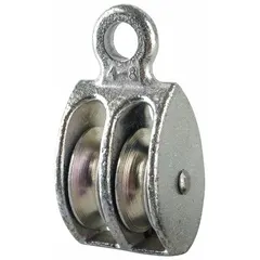 This double pulley block features a fixed-eye attachment and is designed for pulling operations with fibrous rope. The steel sheave and housing are galvanized for corrosion resistance, and sleeve bearings provide smooth operation. Compatible with 1/2 in diameter fibrous rope, it is used in manual hoisting, rigging, and tensioning applications.