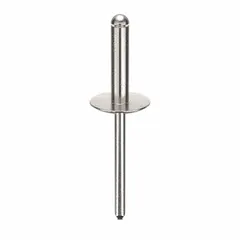 Large flange blind rivet with an overall length of 2 1/8 in and a body length of 51/64 in. Features a 0.183 in diameter and open-end design. Supplied in a 250-piece pack. Used for fastening materials where access is limited to one side, such as in sheet metal assembly and industrial fabrication.