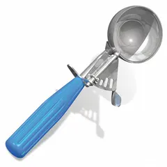 The CRESTWARE D16 Thumb Disher is a #16 scoop with a 2 oz capacity and a 2 1/4 in bowl diameter. Constructed from 18-8 stainless steel and plastic, it is NSF certified for sanitation compliance. This thumb-operated disher is used in food service for portioning soft foods such as ice cream, mashed potatoes, or cookie dough.
