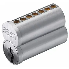 Small Format Interchangeable Core (SFIC) cylinder in chrome finish for cylindrical lock assemblies. Features a 7-pin M keyway, allowing quick rekeying by swapping the core without removing the lockset. Suitable for commercial door hardware applications requiring flexible key control.