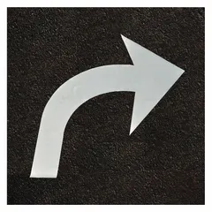 Pressure-sensitive adhesive pavement tape with white Right Curve Arrow legend. Each piece measures 73 inches wide by 2 5/8 yards long, supplied as a 4-pack. Used for marking traffic control symbols on pavement surfaces such as parking lots, warehouses, and industrial facilities.