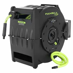 Enclosed spring-return hose reel for compressed air delivery. Includes 75 ft of 3/8 in I.D. hose with 1/4 in MNPT end. Aluminum die-cast swivel. Max operating pressure 300 psi. Black finish. Overall dimensions 11.25 in L x 20 in W x 18.75 in H.