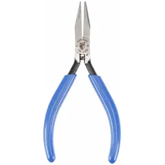 Needle-nose pliers with 1-1/8 in jaw length and 1/8 in tip width for precision gripping and bending in confined spaces. Overall length 4-7/8 in. Suitable for electrical, HVAC, and general industrial tasks requiring fine manipulation.
