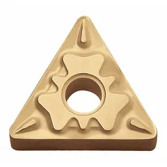 Triangle (T) indexable turning insert with CVD cerment coating. Used for medium to finishing turning operations on steel, stainless steel, and cast iron. Suitable for general machining applications requiring wear resistance and heat stability.