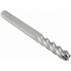 Carbide ball end mill with 5/16" mill diameter, 1-1/2" length of cut, and 6" overall length. Four-flute design for general-purpose milling of steel, stainless steel, and cast iron. Suitable for 3D contouring, slotting, and profiling to create smooth curved surfaces and fillets.