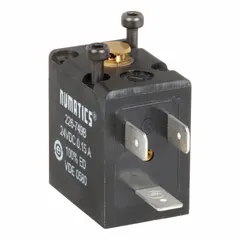 This 24V DC solenoid coil provides electromagnetic actuation for AVENTICS Series L1 pneumatic valves. It is used in industrial automation systems to control air flow direction and pressure in pneumatic circuits.