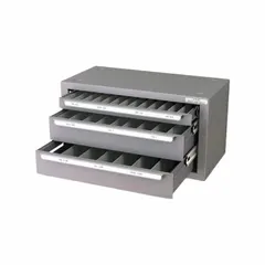 Drill bit chest for organizing and storing drill bits from 1/8 in to 1 3/8 in. Suitable for machine shops, maintenance facilities, and industrial workspaces requiring sorted and protected bit storage.