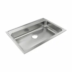 This one-bowl counter-mounted sink is designed for drop-in installation in kitchen and bar countertops. It features a single basin with a depth of 5 inches, overall dimensions of 31 inches length by 21 1/4 inches width, and a Silver/Gray finish. Suitable for food preparation and cleanup tasks in residential or commercial settings.