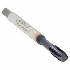 General purpose spiral-point tap for threading blind or through holes. #8-32 UNC, 2B class of fit, plug chamfer, TiAlN coated cobalt construction, 3 flutes. Spiral-point design pushes chips ahead to reduce clogging in ferrous and non-ferrous materials.