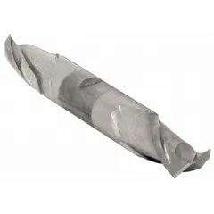 This double-end square end mill is made from high-speed steel with a titanium carbonitride (TiCN) coating. It features two flutes, a 5/8" cutting diameter, and a 5" overall length. The square cutting edges produce 90° shoulders and flat-bottomed slots, suitable for general-purpose milling, slotting, and profiling in metalworking applications.