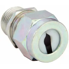 Straight metallic cable grip with steel body and 1/2 in MNPT box connection. Accepts cord diameters from 0.25 in to 0.38 in. Features white color-coded grommet. Rated IP66 and Class II, Division 1 & 2 for hazardous locations. Used for sealing and strain relief of electrical cables entering enclosures in industrial environments.