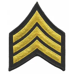 Sew-on rank insignia patch, 3 inches, black and gold, plastic construction. Displays SGT designation. Used for identifying sergeant rank on uniforms or gear in military, law enforcement, or security contexts.