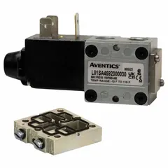 This AVENTICS Series L01 directional control valve is a single-solenoid, four-way/two-position valve with spring return, operating on 24V DC. It features a non-locking, plug-in design for easy installation. Typical applications include directing compressed air to actuators or cylinders in industrial pneumatic systems, such as in automation and packaging equipment.
