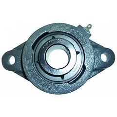 This NTN flange-mount ball bearing features a 2 in cylindrical bore and a cast iron rhombus housing with set screw locking. It is lubricated with NLGI #3 equivalent grease and requires a 5/8 in mounting bolt. With an overall length of 8 17/32 in, it is suited for supporting rotating shafts in industrial machinery, conveyors, and material handling systems where bolt-on mounting is needed.