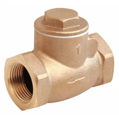 This bronze inline swing check valve features a swing disc design for low-pressure drop and is used to prevent backflow in piping systems. With 3/8 in FNPT x FNPT connections, it is suitable for horizontal or vertical flow installations in water, oil, and gas applications.