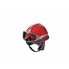 Red fire and rescue helmet with a modern rear brim design. Includes a chin strap and 4-point ratchet suspension for secure fit. Suitable for structural firefighting and rescue operations where head protection and high visibility are required.