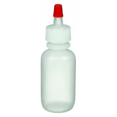 This 180 mL (6 fl oz) LDPE dropper bottle features a colorless body and a red LDPE cap with integrated dropper closure. The closure is included. The bottle is not graduated and has no label imprinting. LDPE construction provides flexibility and chemical resistance for precise drop-by-drop dispensing in laboratory and industrial settings.