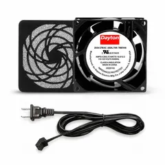 Standard square axial fan kit with polycarbonate blade, delivering 25 to 34 cfm airflow at 0.000 in static pressure. Measures 3 5/8 in height by 1 in depth. Includes cord set with NEMA 1-15 plug. Features terminals and IP20 rating. Suitable for cooling and ventilation in electronic enclosures, control panels, and small equipment.