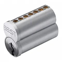 This BEST Small Format Interchangeable Core (SFIC) cylinder is designed for cylindrical lock assemblies. It features a chrome finish, TC keyway, and 7 pins. The interchangeable core design allows for quick rekeying in commercial applications without removing the core from the lock.