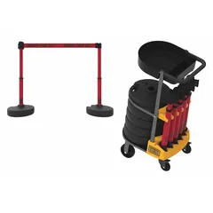 Mobile retractable belt barrier system for crowd control and hazard delineation. Includes six red posts and five round flat bases. Each red message belt extends 15 ft and displays 'Danger Keep Out' text. Suitable for marking restricted areas in industrial environments.