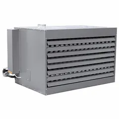 This standard-profile suspended gas unit heater delivers 300,000 BtuH heating capacity input using a propeller fan and natural gas. It features a field-convertible combustion type and a 3/4 in NPT male gas connection. Overall dimensions are 34 in x 55-1/4 in x 44-3/4 in. Suitable for heating large commercial and industrial spaces such as warehouses, factories, and workshops.