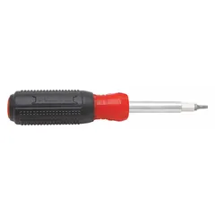 This multi-bit screwdriver includes eight tips: Phillips, slotted, square (Robertson S1 and S2), and Torx. Tip sizes are #1, #10, 1/4 in, #15, and #2. Suitable for general fastening tasks in maintenance, assembly, and repair applications.