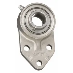 Stainless steel three-bolt flange unit with cylindrical bore, set screw locking, and closed cap. Lubricated with FDA/USDA-H1 solid grease for food-contact environments. Bore 1 1/4 in, length 3 17/32 in, width 1 3/4 in, mounting bolt size M12.
