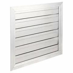 Aluminum wall-mount backdraft damper with single panel flat blade design. Measures 27 3/4 in height and width. Designed for horizontal airflow and vertical mounting. Maximum air velocity 2250 fpm. Used in ventilation systems to prevent reverse airflow when fan is off.