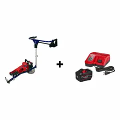 This battery-powered rail web grinder is designed for grinding fillet welds on railroad tracks. It features an 8-inch wheel diameter and includes a bicycle attachment for efficient operation along rail profiles. The kit is suitable for rail maintenance applications.
